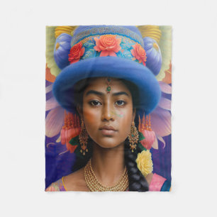 Asian princess with big blue hat fleece blanket