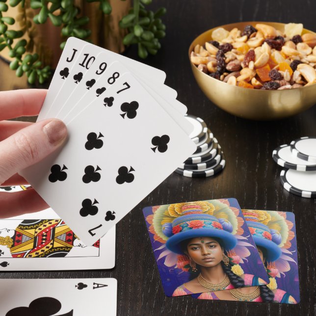 Asian princess with big blue hat playing cards (In Situ)