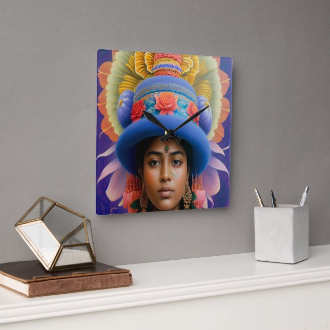 Asian princess with big blue hat square wall clock (Office)