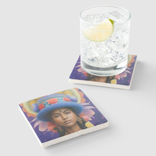 Asian princess with big blue hat stone coaster (Side)