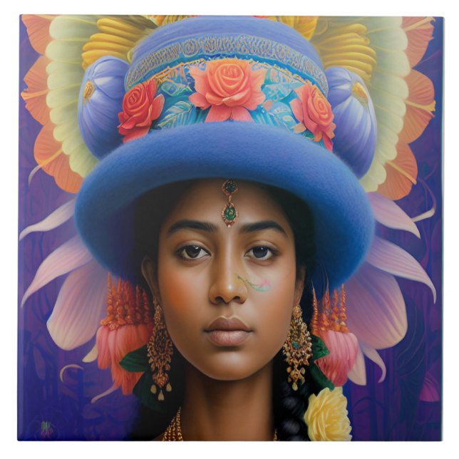 Asian princess with big blue hat tile (Front)