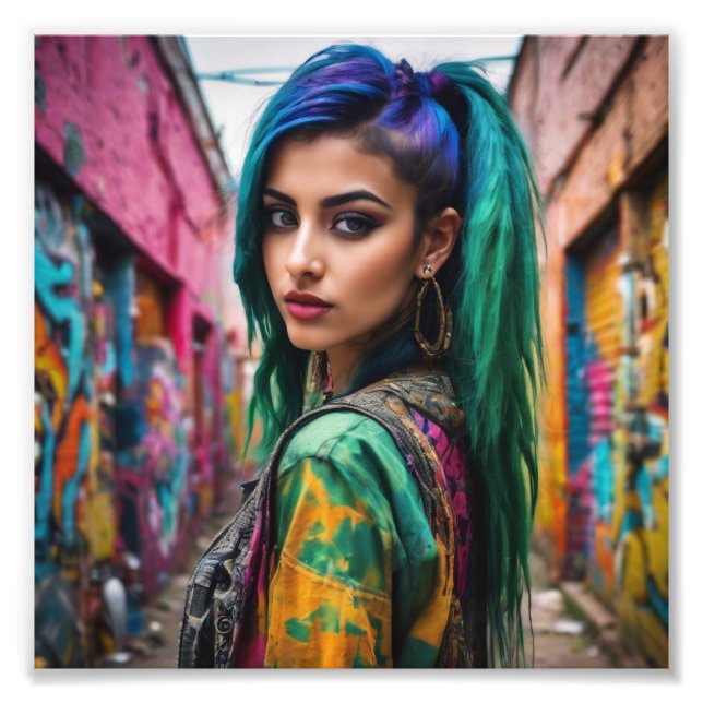 Asian Punk Girl with Multi Colour Hair and Jacket Photo Print (Front)