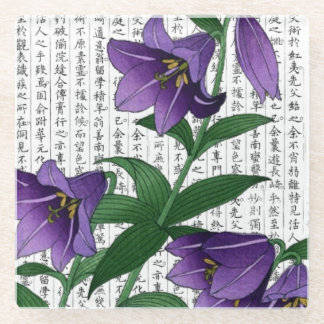 Asian Purple Harebells  on Kanji Background Glass Coaster