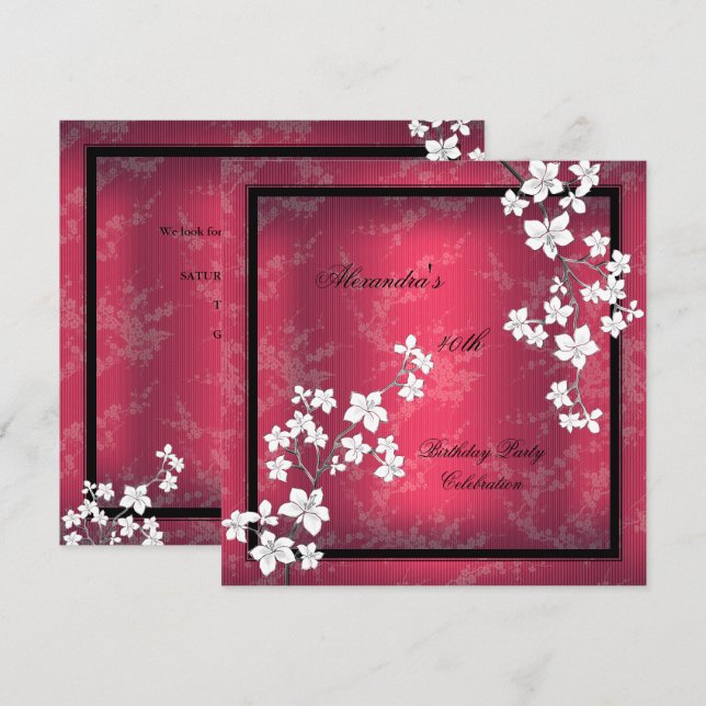 Asian Red Black Blossom White Birthday Party Invitation (Front/Back)