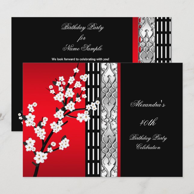 Asian Red Black Blossoms Birthday Party 2 Invitation (Front/Back)
