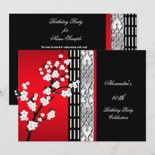 Asian Red Black Blossoms Birthday Party 2 Invitation
