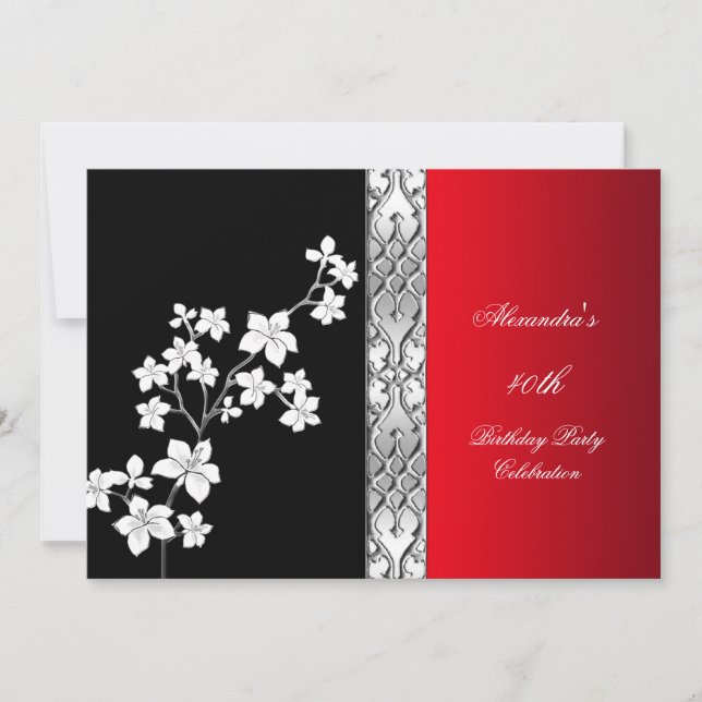 Asian Red Black Floral Silver White Birthday Party Invitation (Front)
