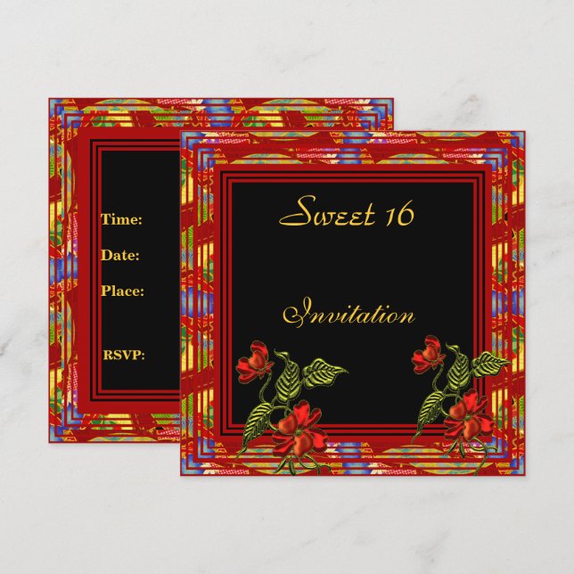 Asian Red Black Floral Sweet 16 Birthday Party Invitation (Front/Back)