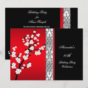 Asian Red Black Floral White Birthday Party Invitation