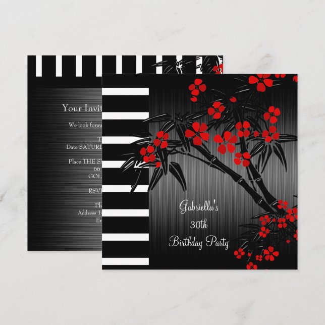 Asian Red Floral Black White Bamboo 30th Birthday Invitation (Front/Back)