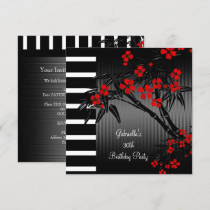 Asian Red Floral Black White Bamboo 30th Birthday Invitation