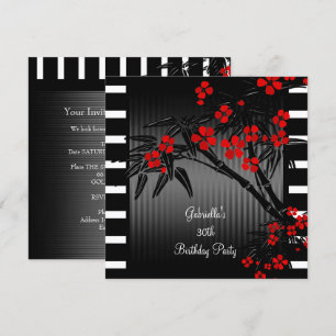 Asian Red Floral Black White Bamboo 30th Birthday Invitation