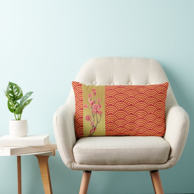 Asian Red Gold Waves with Cherry Blossoms Accent Lumbar Cushion (Chair)