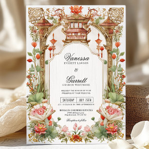 Asian Red Lotus and Fan Wedding Tea Ceremony Invitation