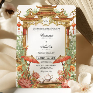 Asian Red Parasol and Lotus Flower Wedding Invitation
