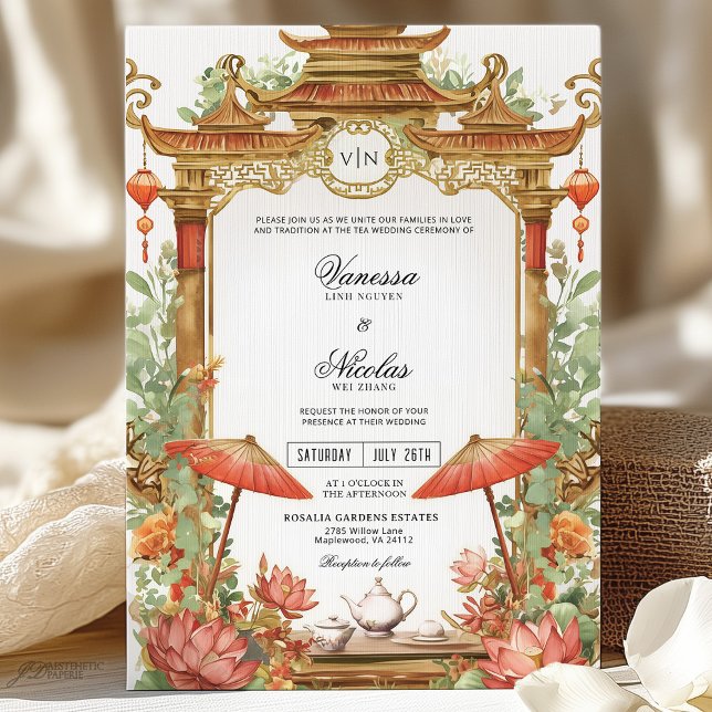 Asian Red Parasol and Lotus Flower Wedding Invitation (Creator Uploaded)