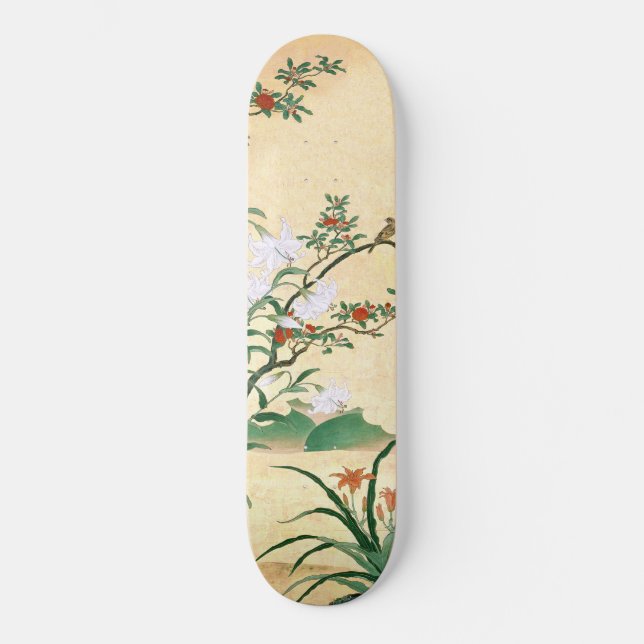 Asian Red Roses White Lilies Bird Skateboard (Front)