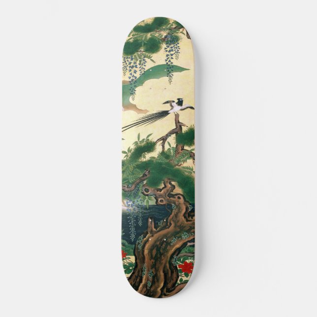 Asian Red Roses Wisteria Floral Bird Skateboard (Front)