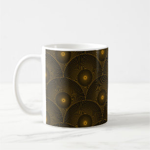 asian round feathers seamless pattern in gold blac coffee mug
