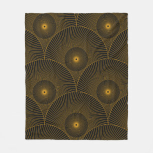 asian round feathers seamless pattern in gold blac fleece blanket