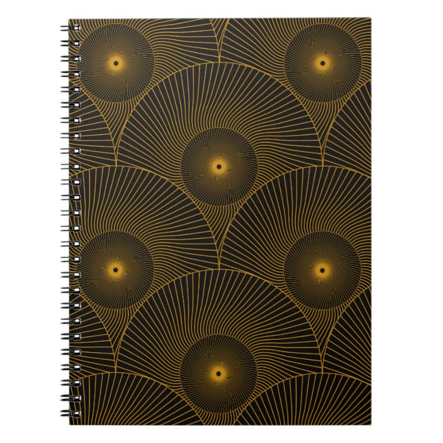 asian round feathers seamless pattern in gold blac notebook (Front)