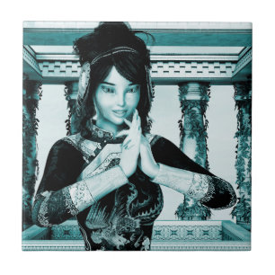 Asian Royal Woman Blue Portrait Art Tile
