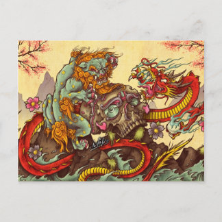Asian scene with foo dog and dragon postcard