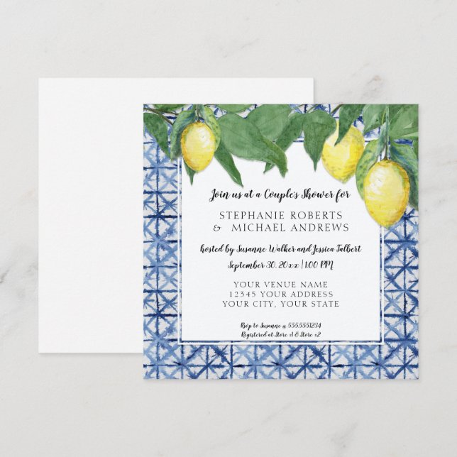 Asian Shibori Blue w Lemon Branch Couples Shower Invitation (Front/Back)