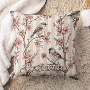 Asian Sparrow Cherry Blossom Peach Stripes Cushion