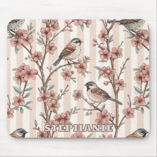 Asian Sparrow Cherry Blossom Peach Stripes Mouse Mat