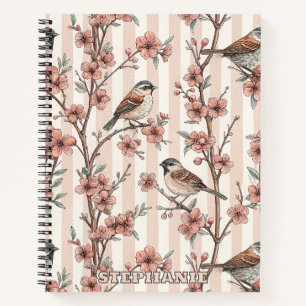 Asian Sparrow Cherry Blossom Peach Stripes Notebook