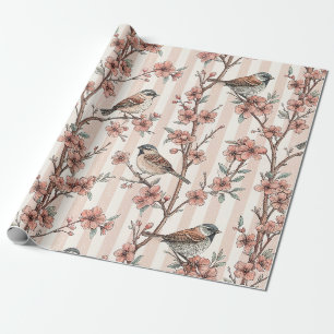 Asian Sparrow Cherry Blossom Peach Stripes Wrapping Paper
