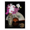 Asian still life orchids and painted fan on black