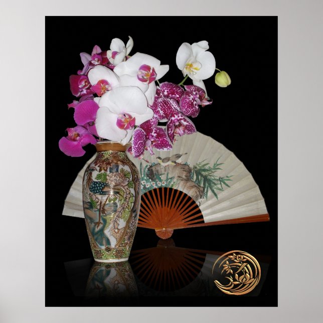 Asian still life orchids and painted fan on black poster (Front)