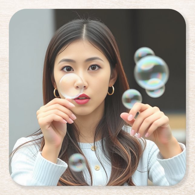 Asian Student Blowing Bubbles Coaster Set (Front)