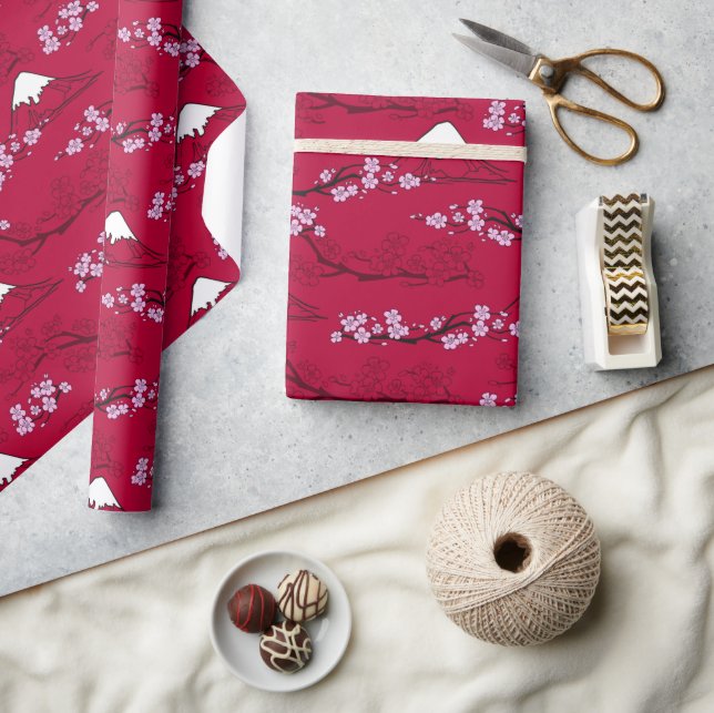 Asian-style cherry blossoms Mt. Fuji & red BG Wrapping Paper (Crafts)