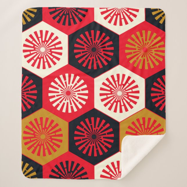 Asian Style Floral Hexagonal Pattern Sherpa Blanket (Front)
