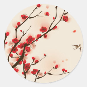 Asian Style Painting, Plum Blossom in Spring Classic Round Sticker