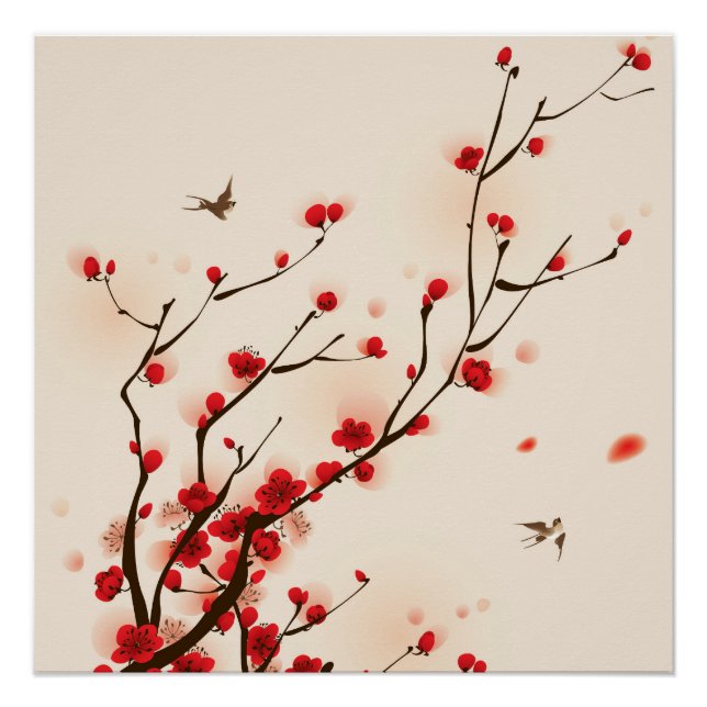 Asian Style Painting Plum Blossom in Spring Poster (Front)