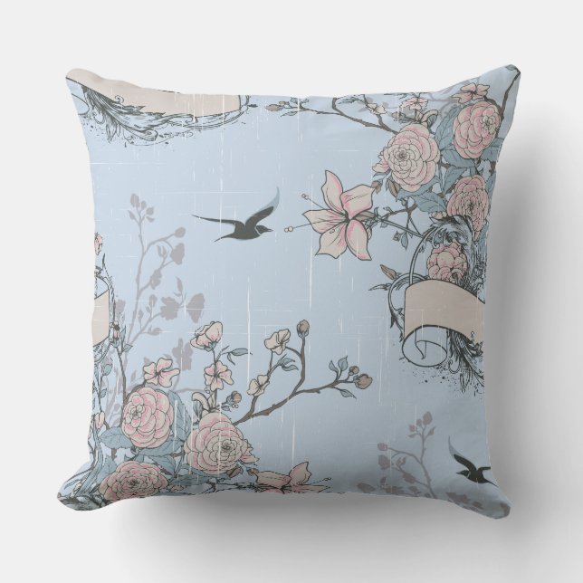Asian Style Pastel Pink Lilies and Roses on Blue Cushion (Front)