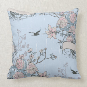 Asian Style Pastel Pink Lilies and Roses on Blue Cushion