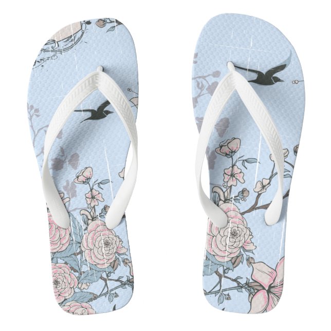 Asian Style Pastel Pink Lilies and Roses on Blue Flip Flops (Footbed)