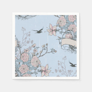 Asian Style Pastel Pink Lilies and Roses on Blue Napkin