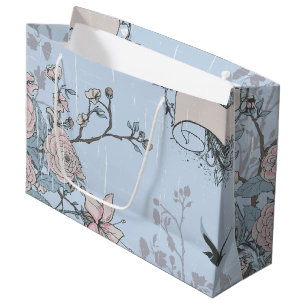 Asian Style Pink Lilies and Roses on Blue Large Gift Bag