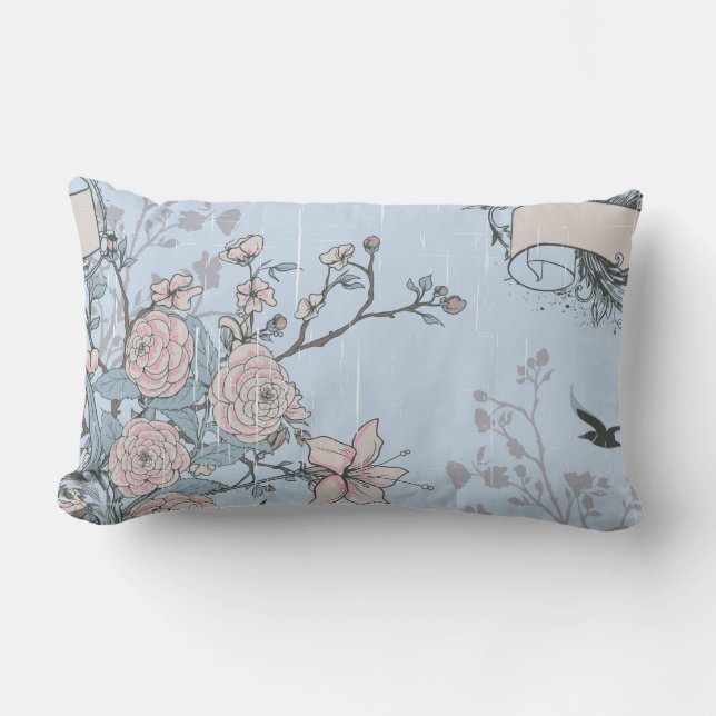 Asian Style Pink Lilies and Roses on Blue Lumbar Cushion (Front)