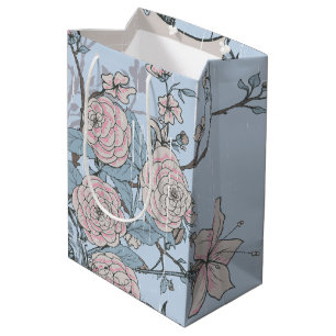 Asian Style Pink Lilies and Roses on Blue Medium Gift Bag
