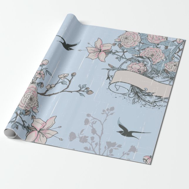 Asian Style Pink Lilies and Roses on Blue Wrapping Paper (Unrolled)
