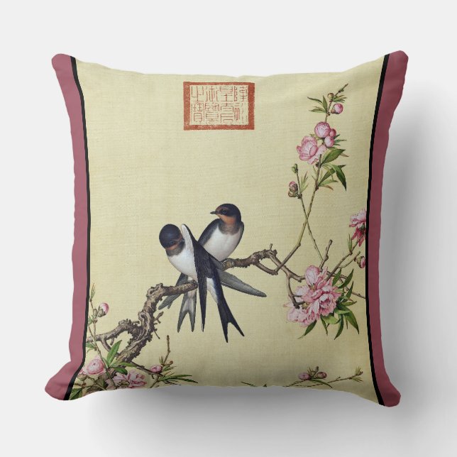 Asian Swallow Swift Birds Flowers Throw Pillow (Front)