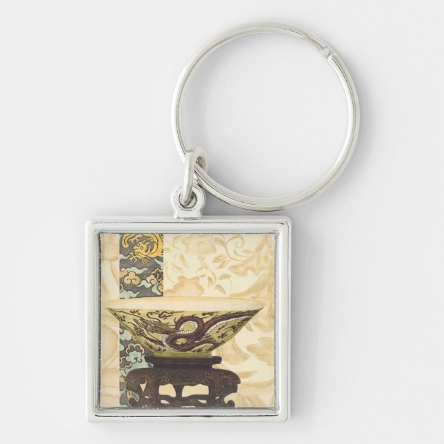 Asian Tapestry with Bowl and Dragon Design Key Ring (Front)