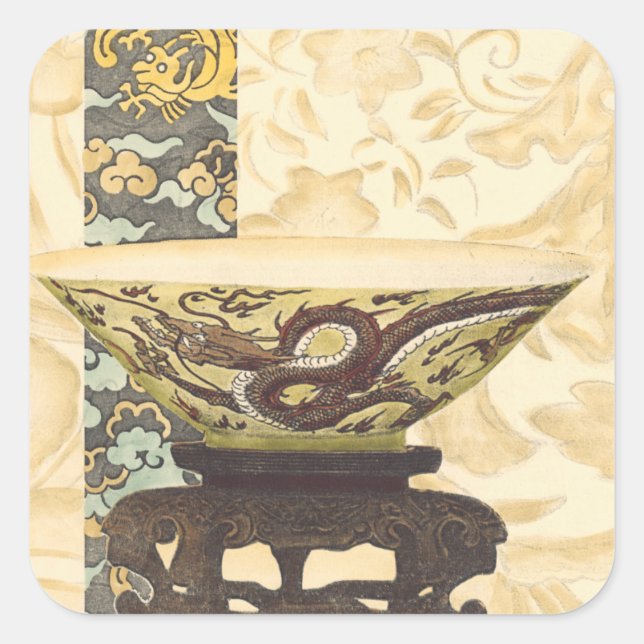 Asian Tapestry with Bowl and Dragon Design Square Sticker (Front)